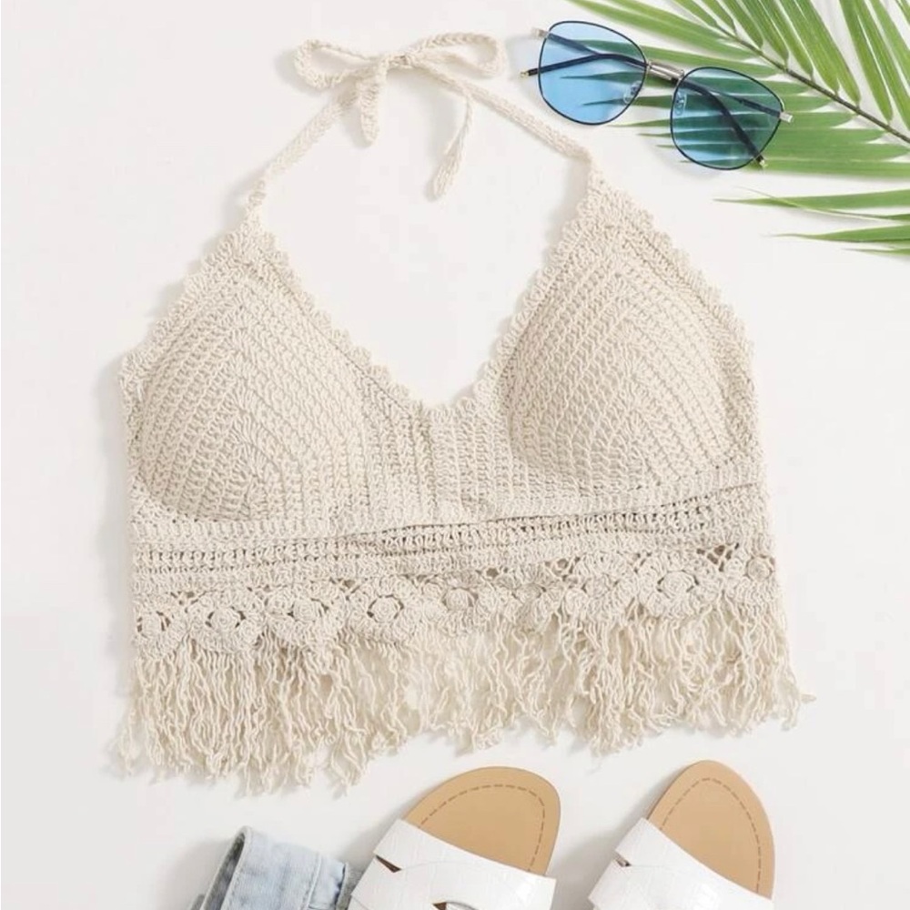 Boho Crochet Fringe Hem Padded Halter Top